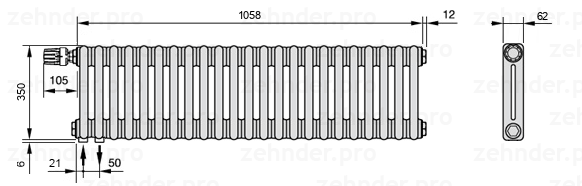 Схема (чертеж) Радиатор Zehnder Charleston 2035/23 №V001 Белый глянцевый RAL 9016
